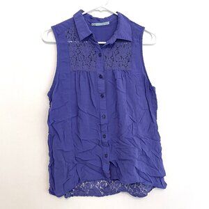 MAURICES Purple Floral Lace Panels Collared Button Down Tank Blouse Twee 2010s M